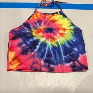 SHEIN Multicolor Tie-Dye Halter Crop Top - Pink, Yellow, Blue, Green, Purple